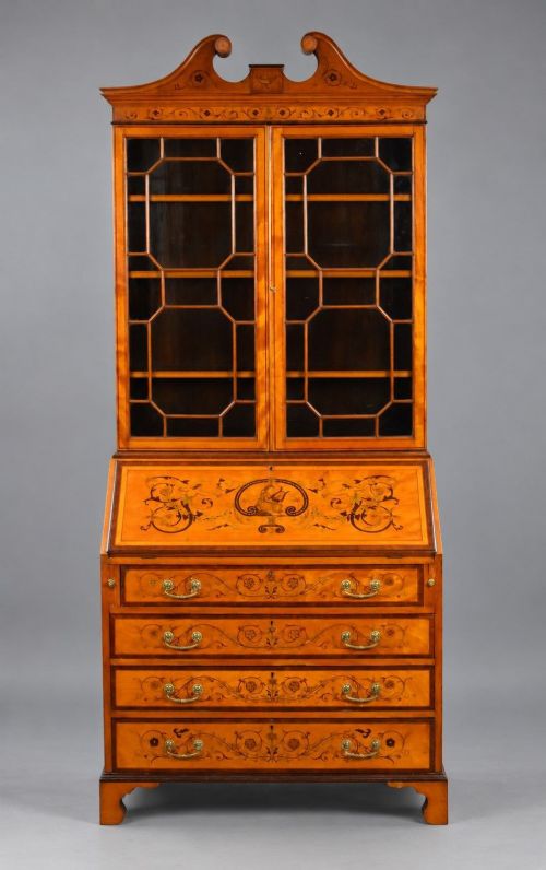 Edwardian Satinwood and Marquetry Inlaid Bureau Bookcase