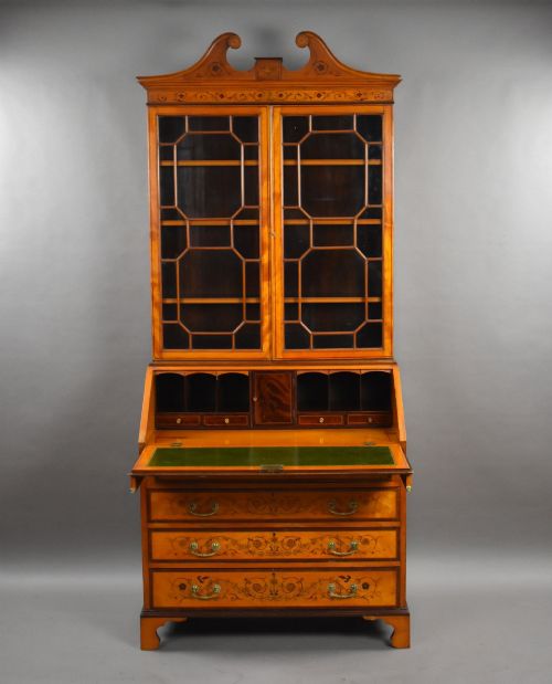 fig 1. Edwardian Satinwood and Marquetry Inlaid Bureau Bookcase