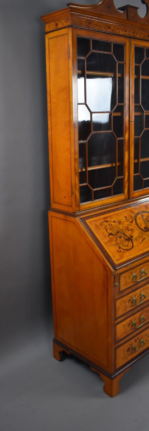 Edwardian Satinwood and Marquetry Inlaid Bureau Bookcase View XII