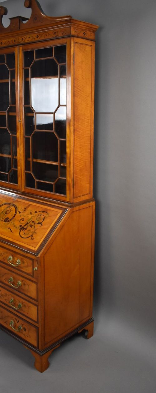 Edwardian Satinwood and Marquetry Inlaid Bureau Bookcase View XV