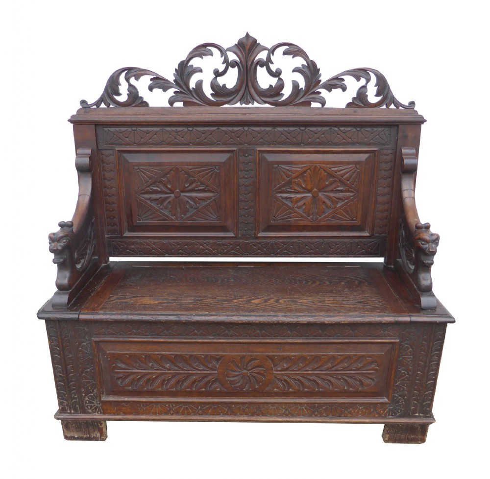 Carved Oak Monks Bench 