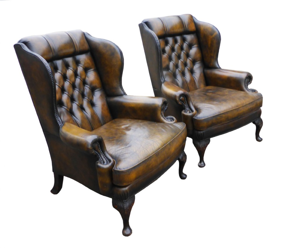 Top Quality Pair of Leather Wing Back Arm Chairs