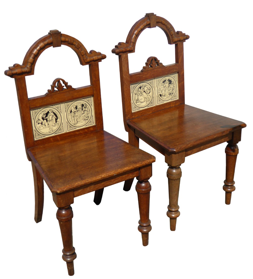 Pair of Victorian Oak Hall Chairs with Doulton Tiles