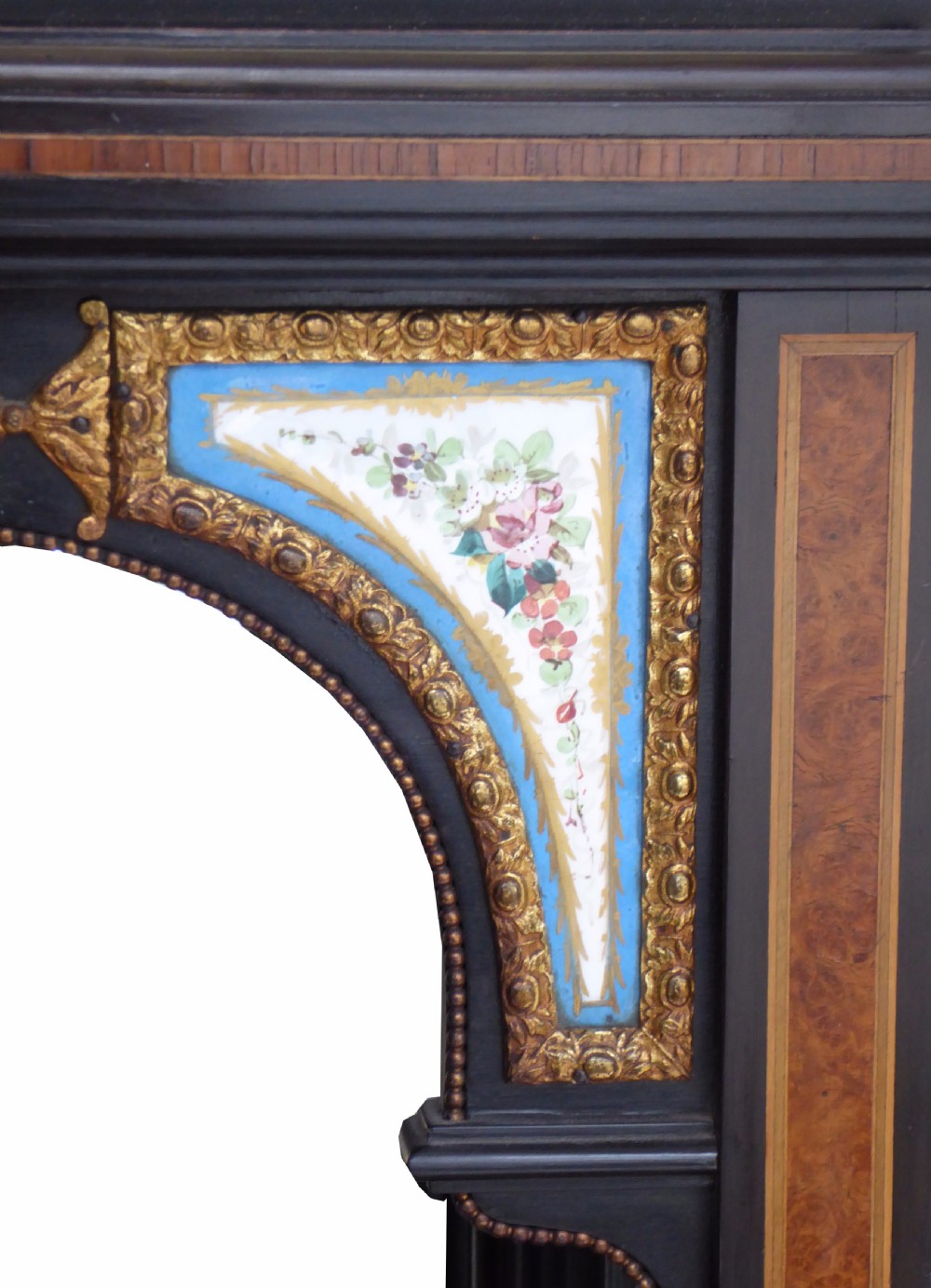 An ebonised and walnut 19th-century Bonheur du Jour writing desk featuring porcelain plaque inserts, gilded mounts, mirrors, and lower tier shelves. View IX