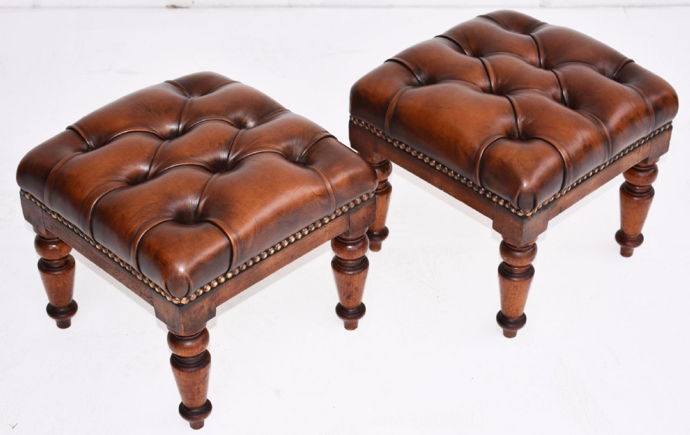 Pair Victorian Hand Dyed Deep Buttoned Antique Brown Leather Footstools