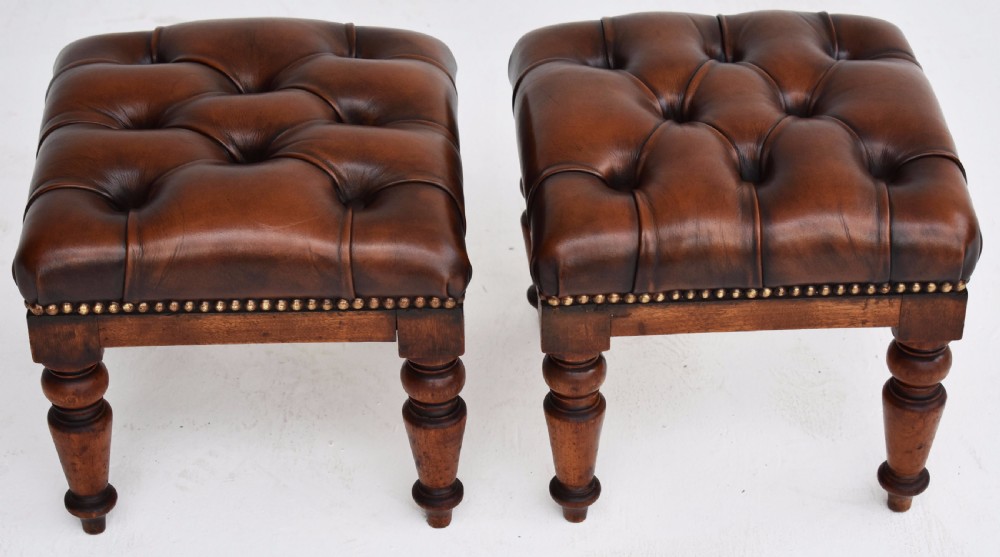 Pair Victorian Hand Dyed Deep Buttoned Antique Brown Leather Footstools View II