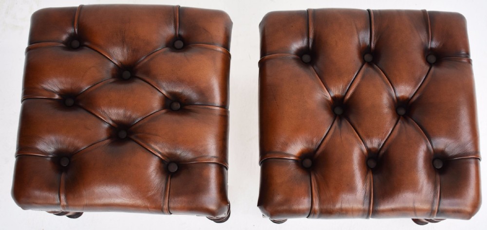Pair Victorian Hand Dyed Deep Buttoned Antique Brown Leather Footstools View IV