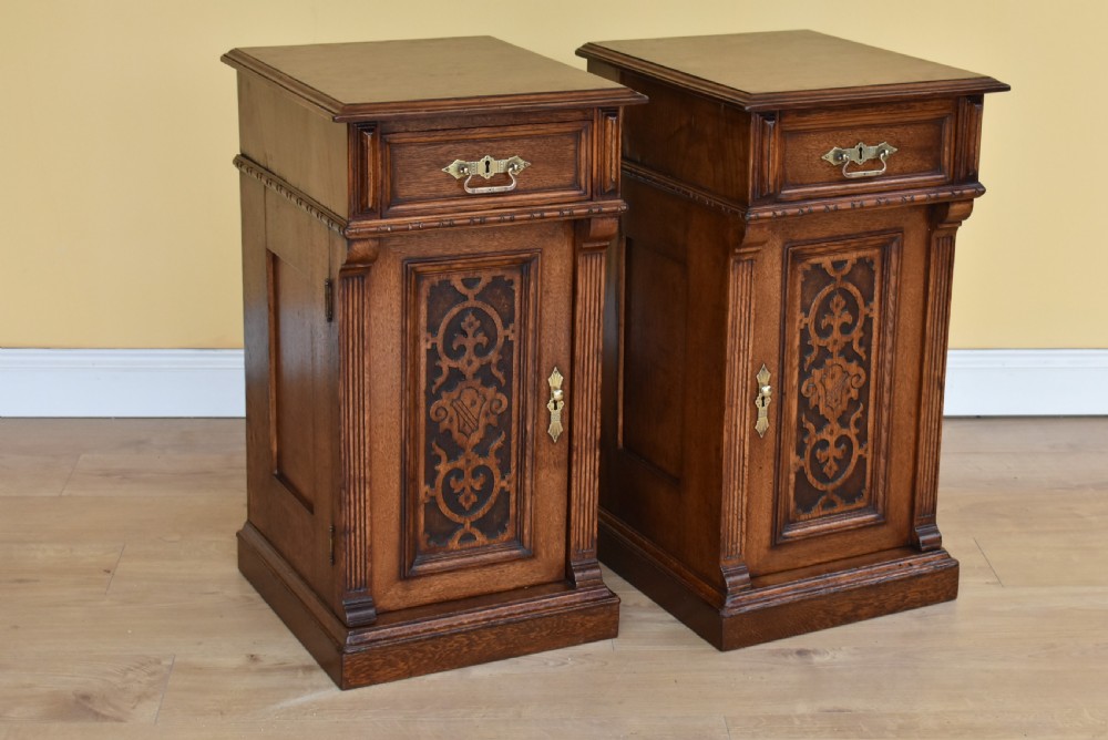 Pair Victorian Oak Carved Bedside Cupboards
