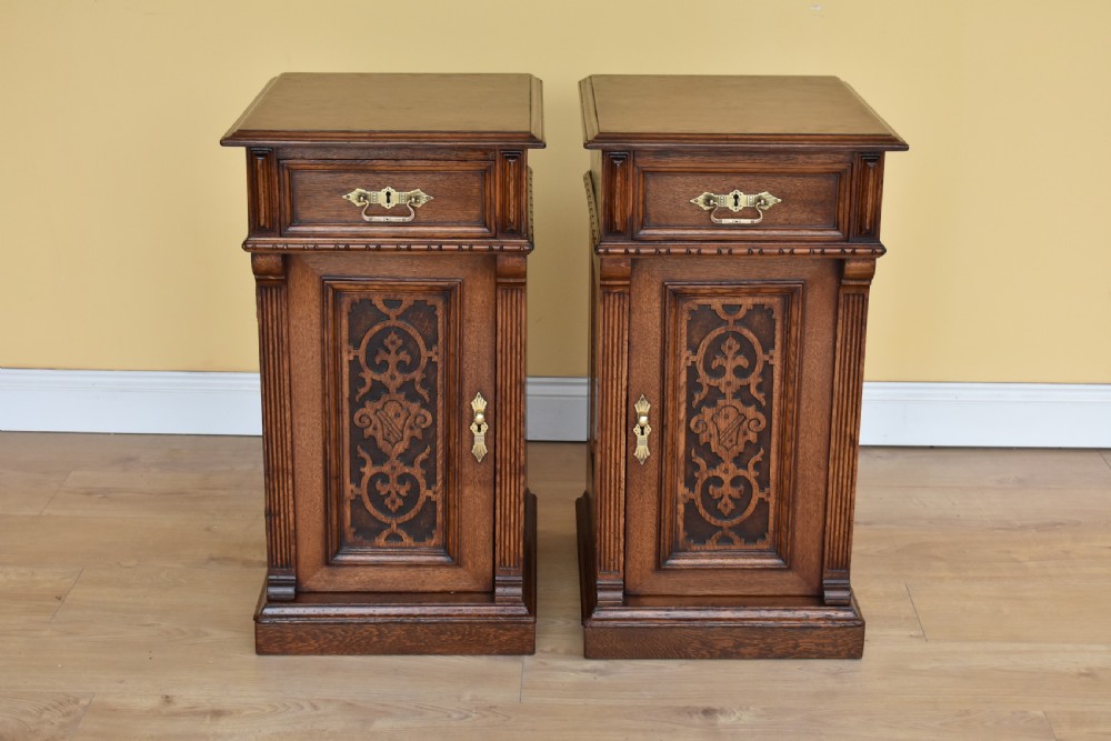Pair Victorian Oak Carved Bedside Cupboards View II