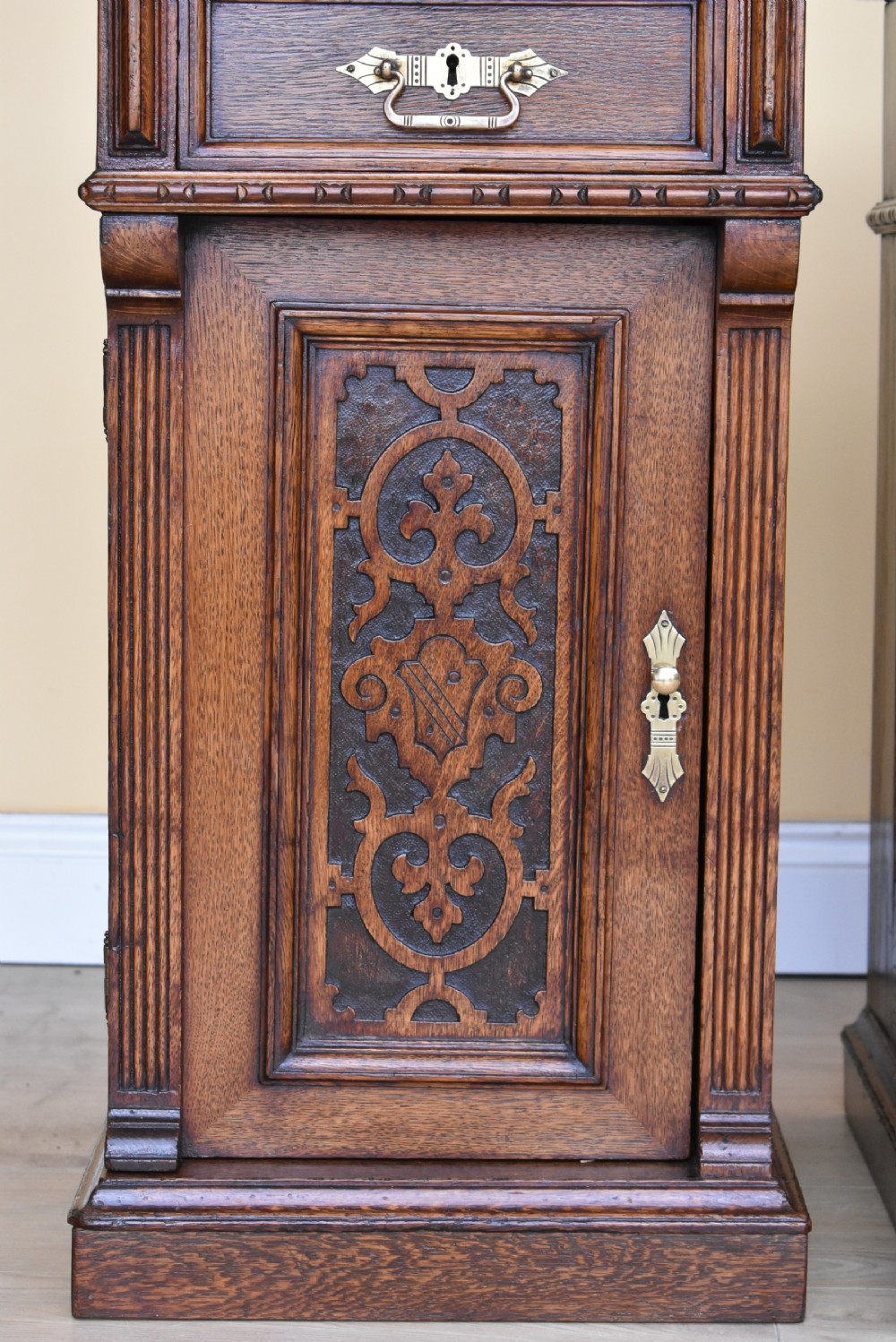 Pair Victorian Oak Carved Bedside Cupboards View III