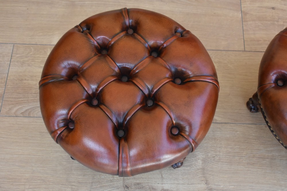 Pair Victorian Antique Footstools deep buttoned hand dyed View III
