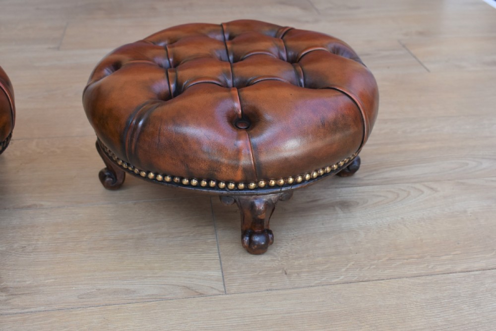 Pair Victorian Antique Footstools deep buttoned hand dyed View VII
