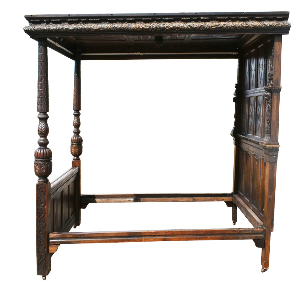17th Century Elizabethan Carved Oak Four Poster Bed View XVI