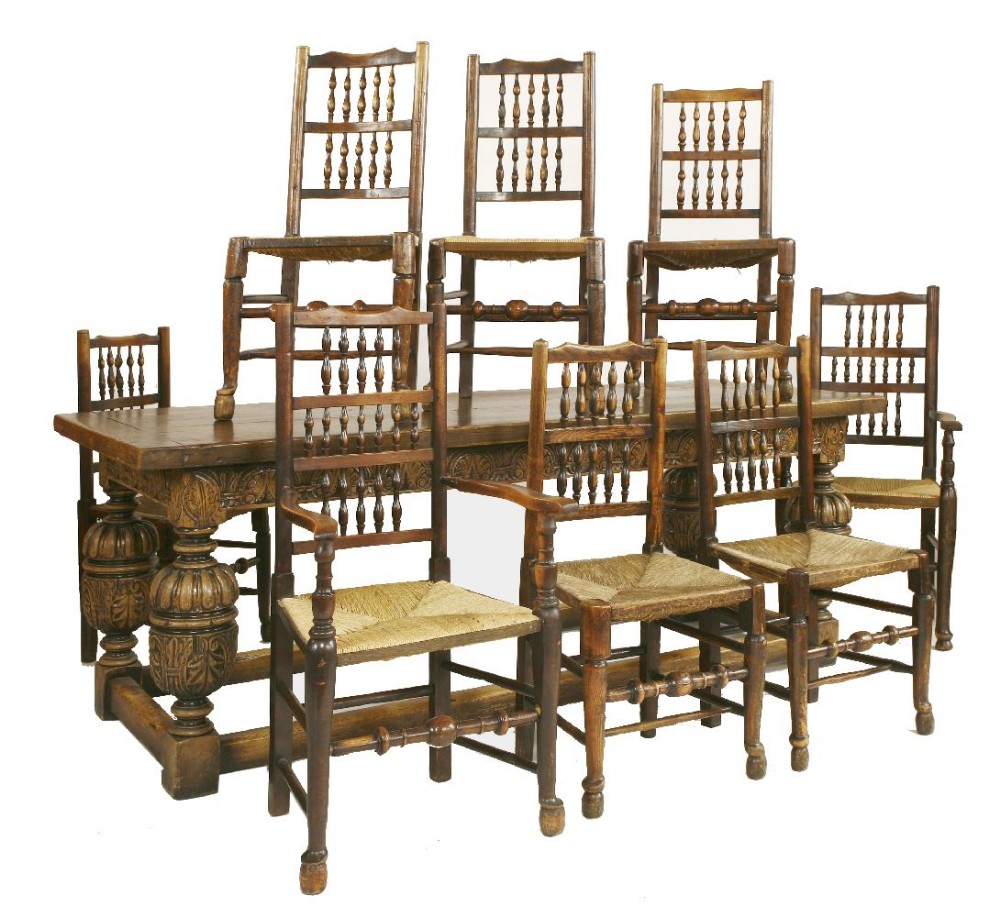 20th Century Carved Oak Refectory Table & 8 Dining Chairs