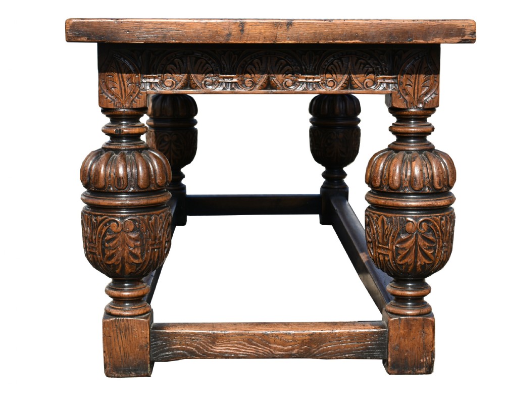 20th Century Carved Oak Refectory Table & 8 Dining Chairs View II