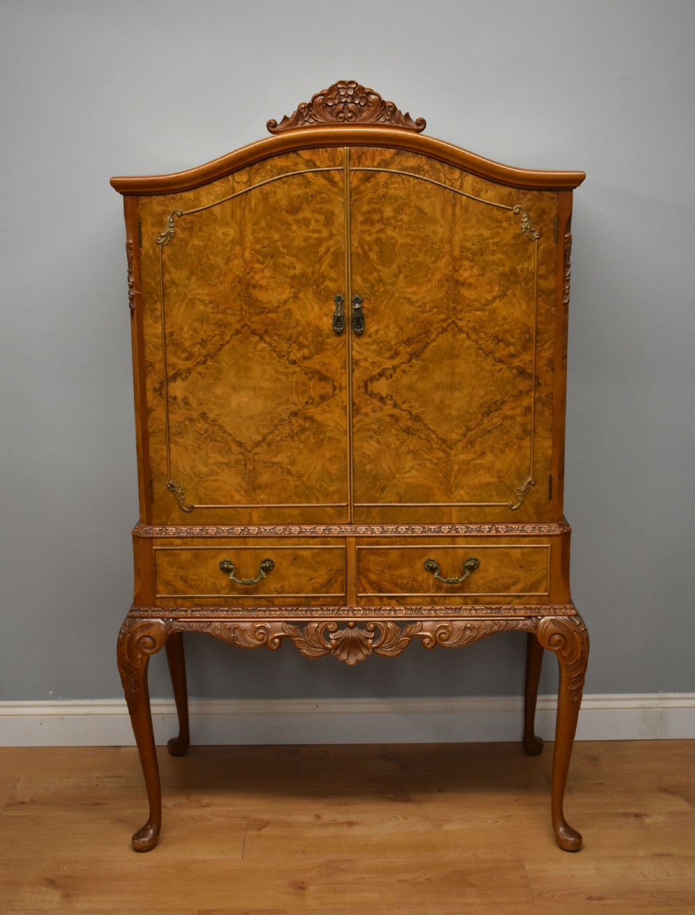 20th Century Queen Anne Style Burr Walnut Cocktail Cabinet
