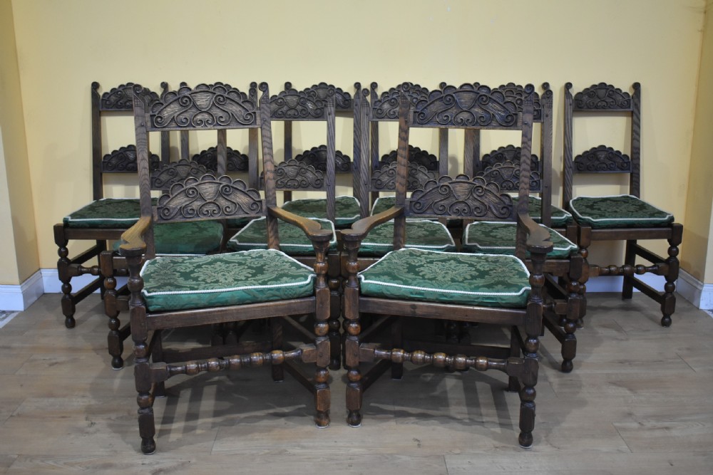 Set of 12 Carved Oak Dining Chairs