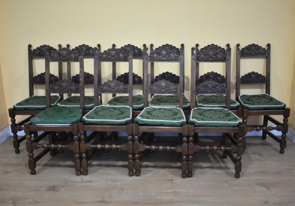 Set of 12 Carved Oak Dining Chairs View II
