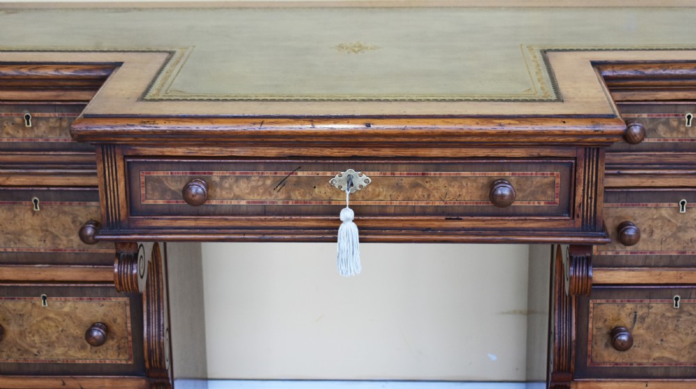 19th Century Victorian Burr Walnut Pedestal Desk View IV