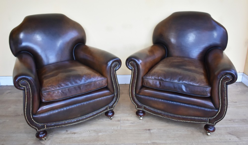 Quality Pair Antique Leather Club Armchairs