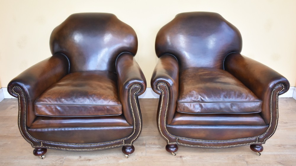 Quality Pair Antique Leather Club Armchairs View II