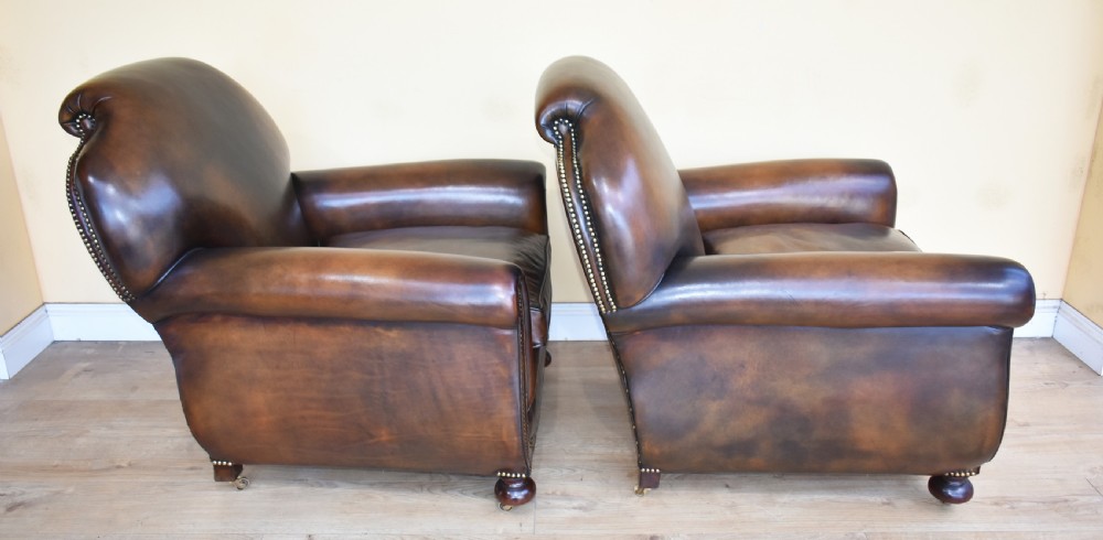 Quality Pair Antique Leather Club Armchairs View IV