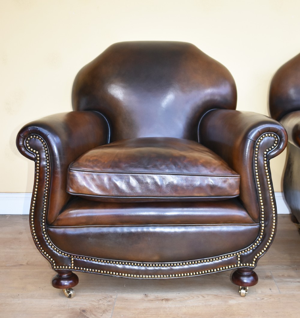 Quality Pair Antique Leather Club Armchairs View V