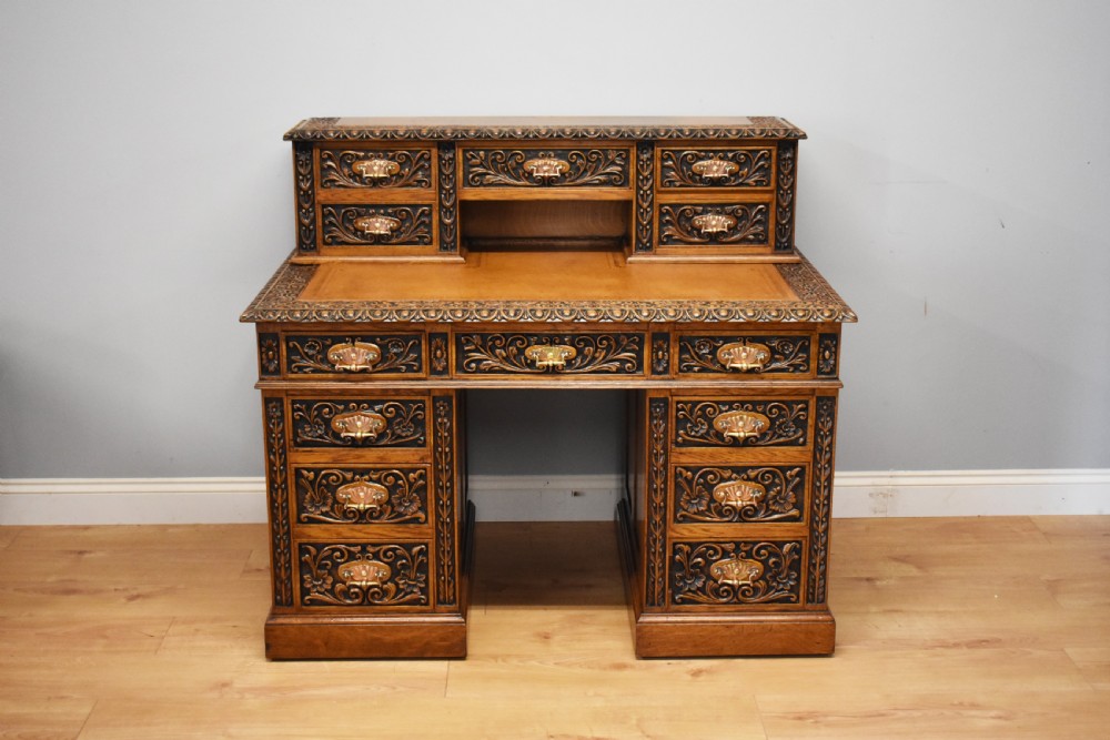 19th Century Victorian Carved Oak Pedestal Desk