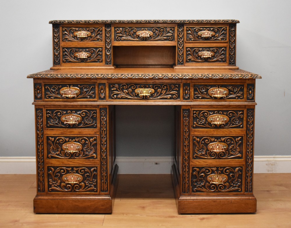 19th Century Victorian Carved Oak Pedestal Desk View II