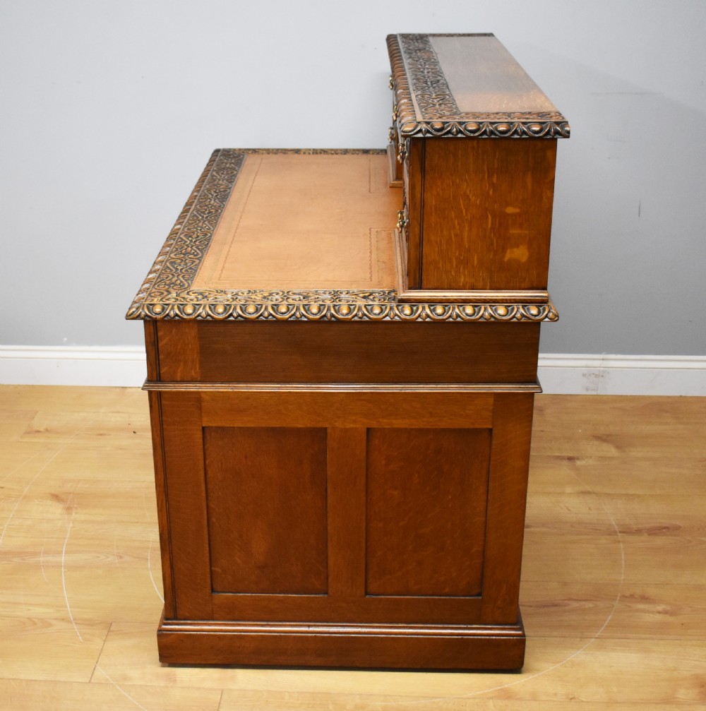 19th Century Victorian Carved Oak Pedestal Desk View VIII