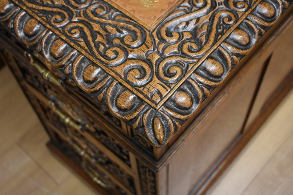 19th Century Victorian Carved Oak Pedestal Desk View IX
