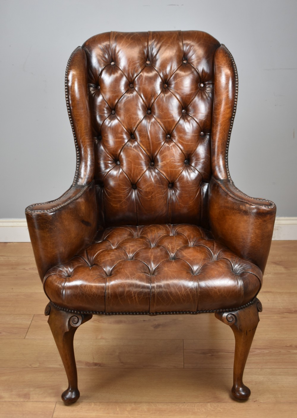 20th Century Hand Dyed Distressed Tan Leather Wingback Armchair View II