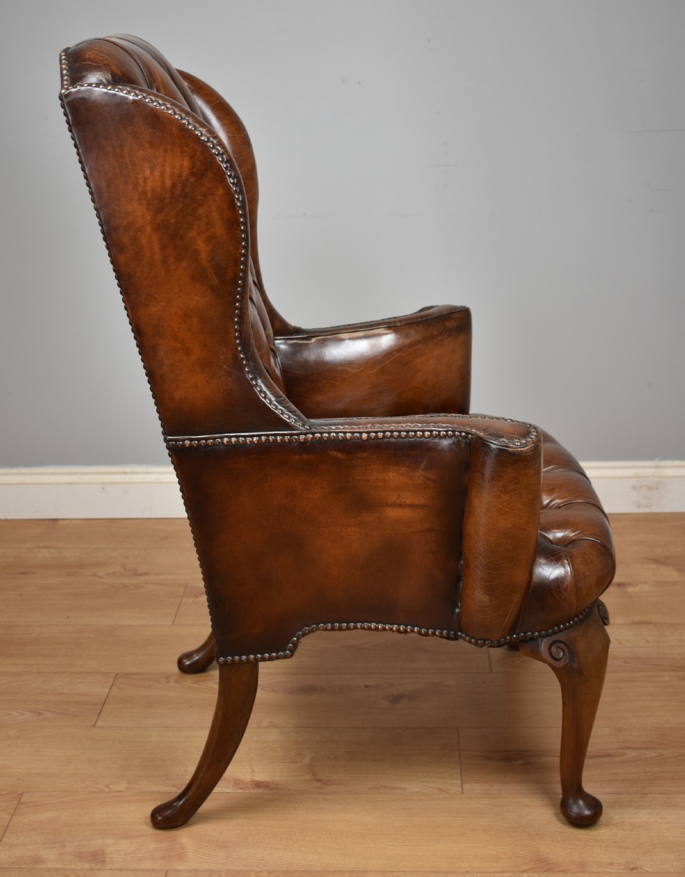 20th Century Hand Dyed Distressed Tan Leather Wingback Armchair View III