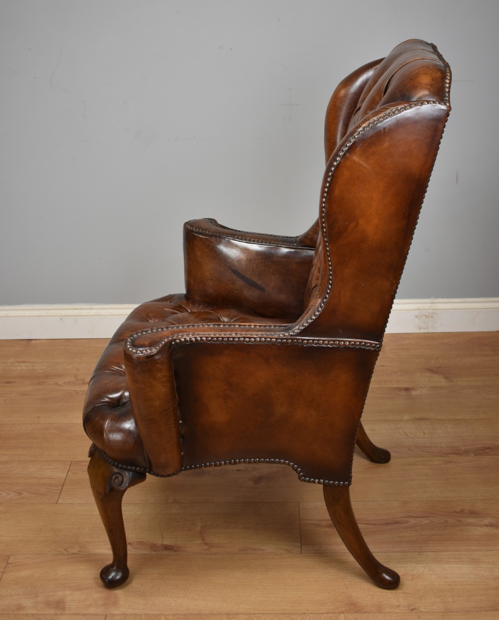 20th Century Hand Dyed Distressed Tan Leather Wingback Armchair View IV