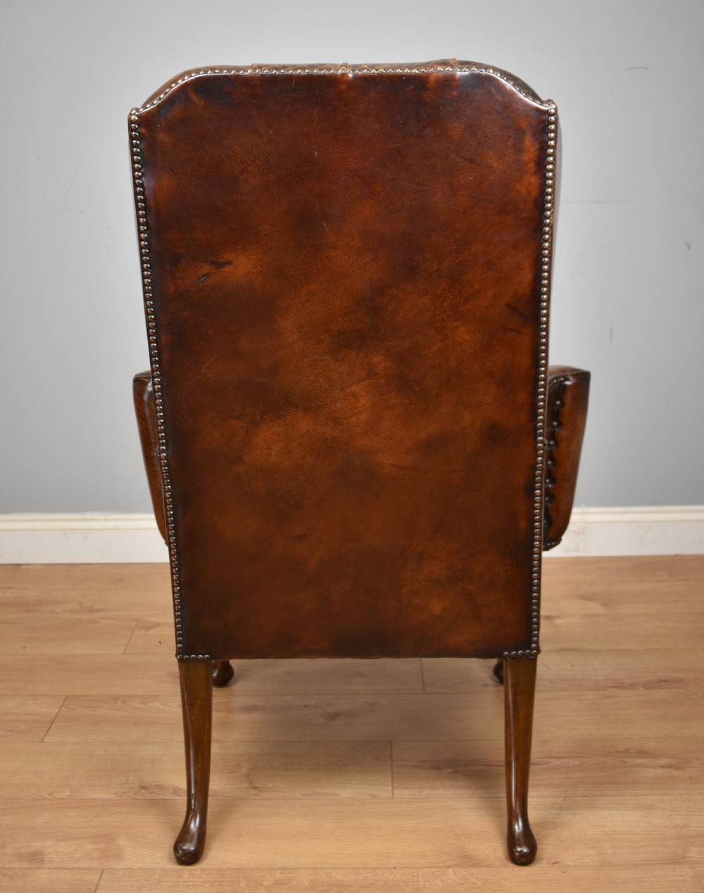20th Century Hand Dyed Distressed Tan Leather Wingback Armchair View V