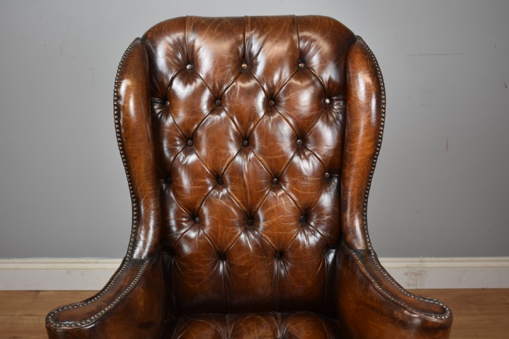 20th Century Hand Dyed Distressed Tan Leather Wingback Armchair View VI