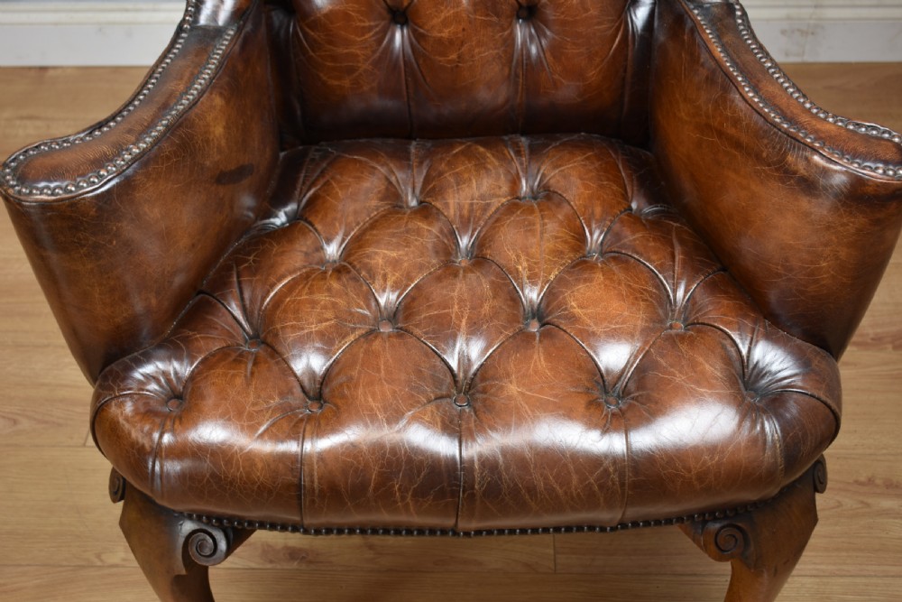 20th Century Hand Dyed Distressed Tan Leather Wingback Armchair View VIII