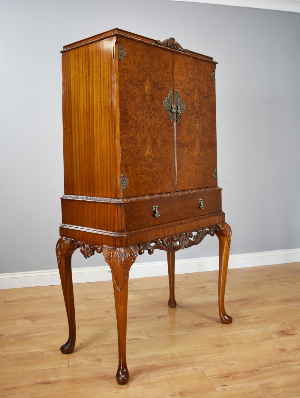 20th Century Queen Anne Style Burr Walnut Cocktail Cabinet View II