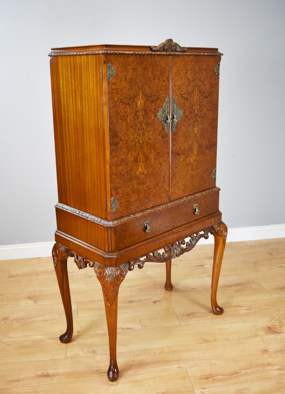 20th Century Queen Anne Style Burr Walnut Cocktail Cabinet