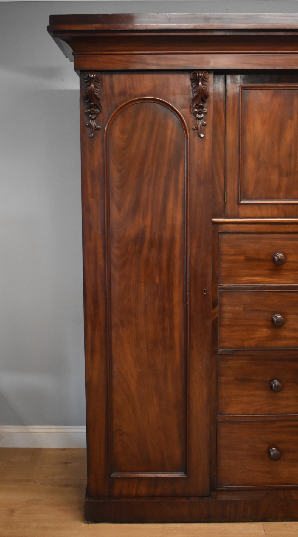 19th Century Victorian Mahogany Breakfront Triple Wardrobe View III
