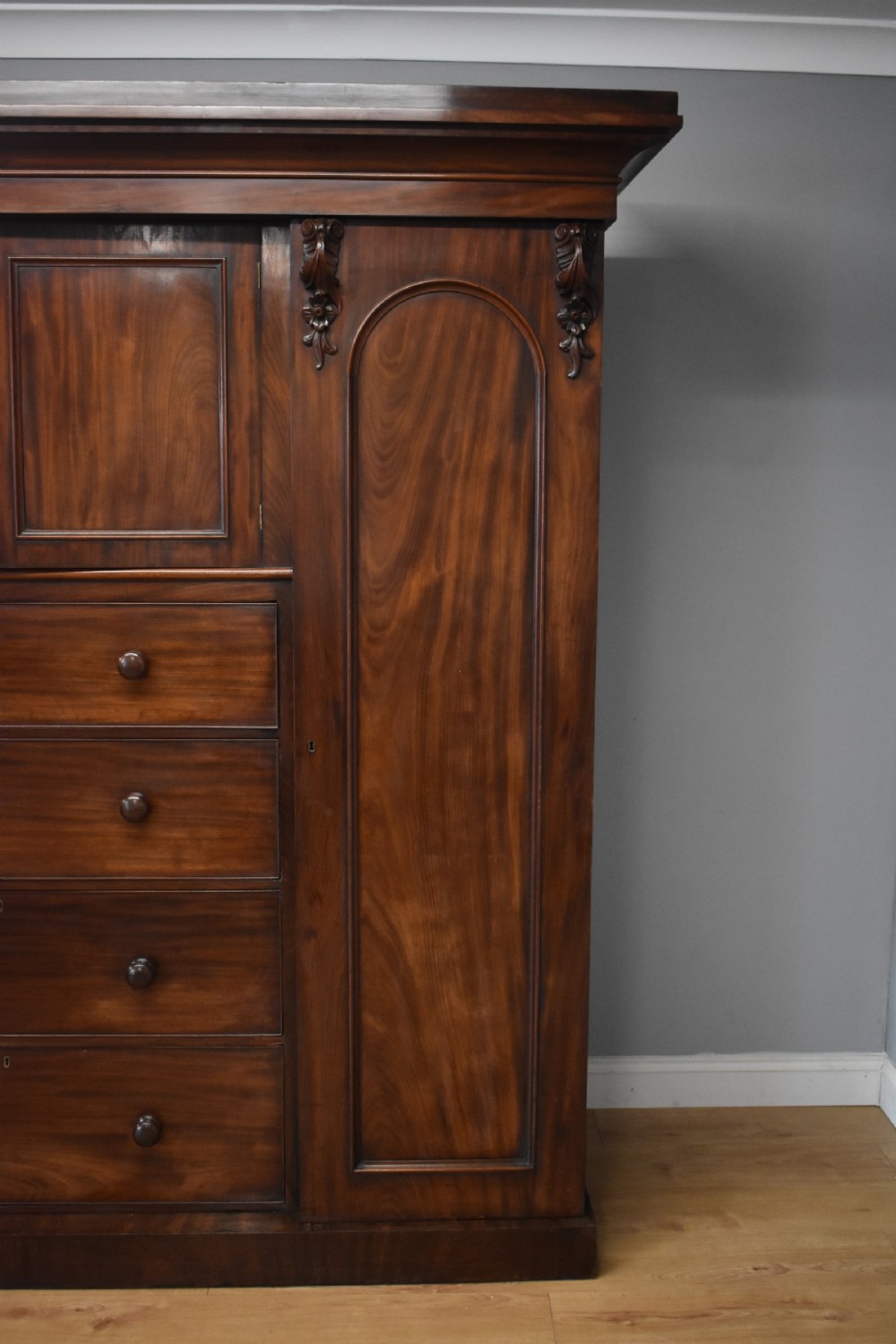 19th Century Victorian Mahogany Breakfront Triple Wardrobe View VI
