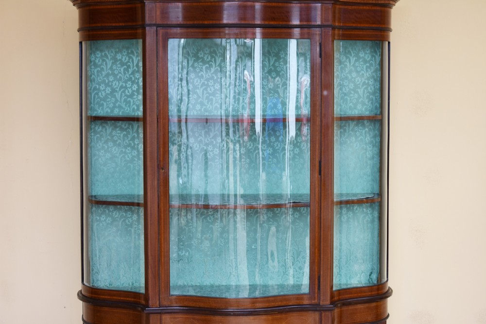 20th Century Edwardian Mahogany Inlaid Serpentine Display Cabinet View V