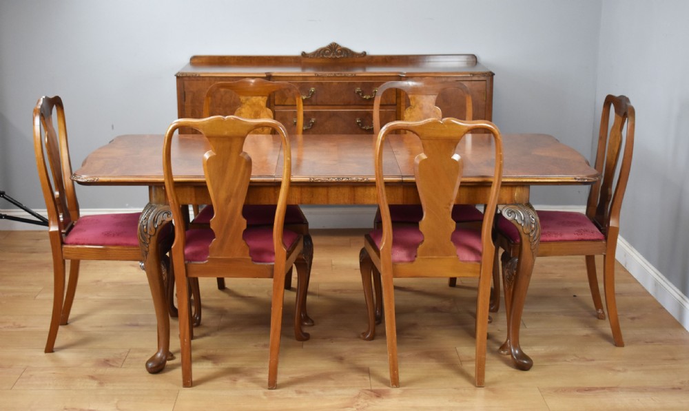 20th Century Queen Anne Style Burr Walnut Dining Suite
