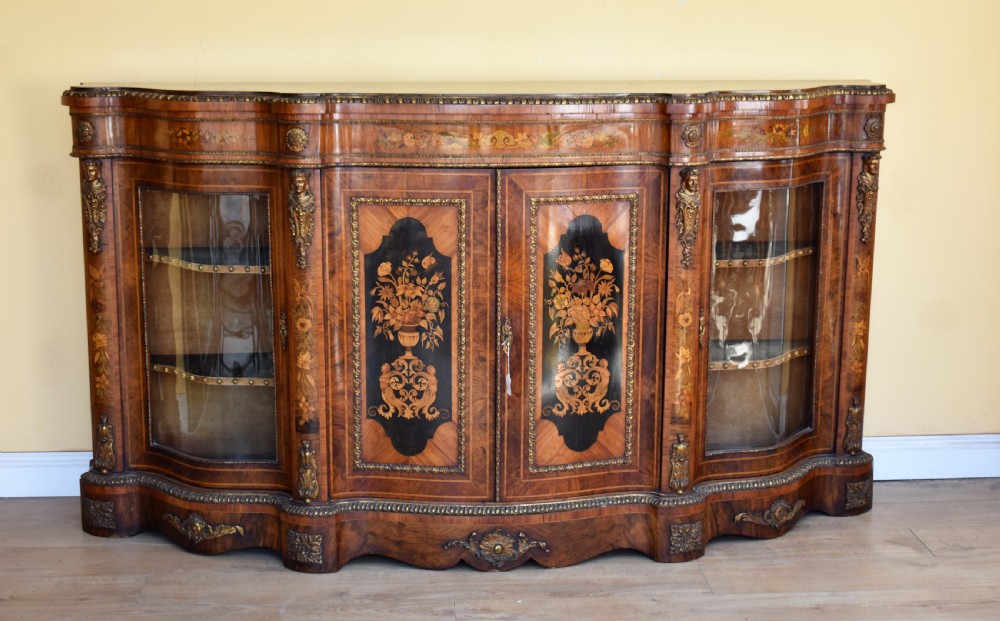 19th Century Victorian Burr Walnut and Marquetry Serpentine Credenza