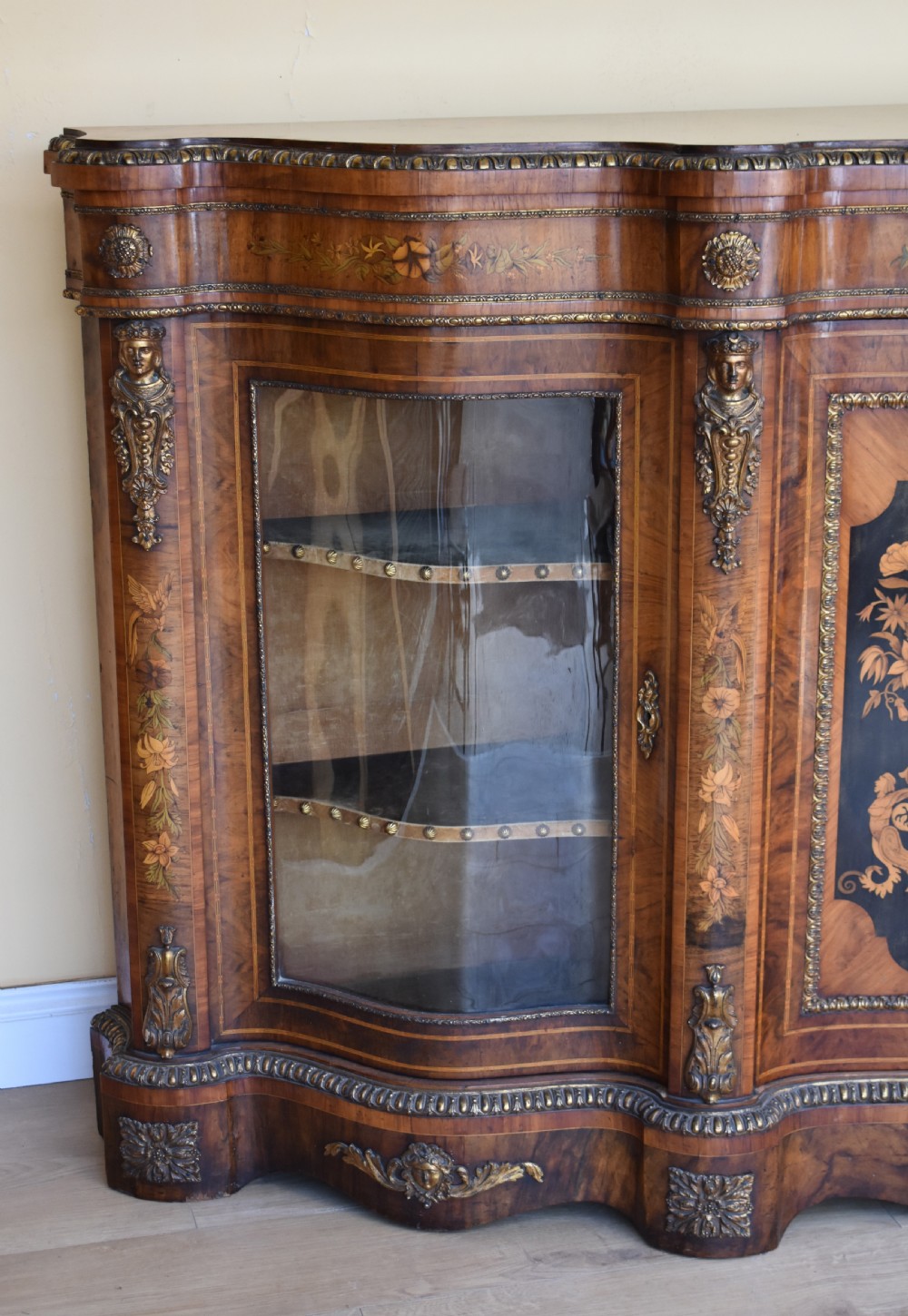 19th Century Victorian Burr Walnut and Marquetry Serpentine Credenza View II
