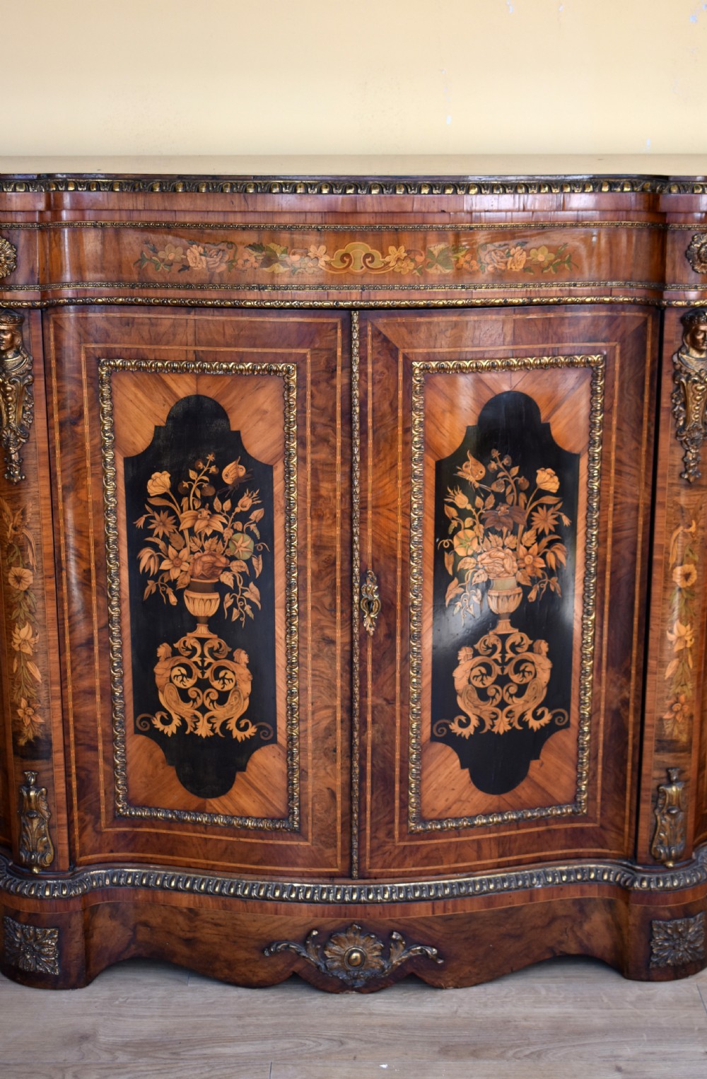 19th Century Victorian Burr Walnut and Marquetry Serpentine Credenza View III