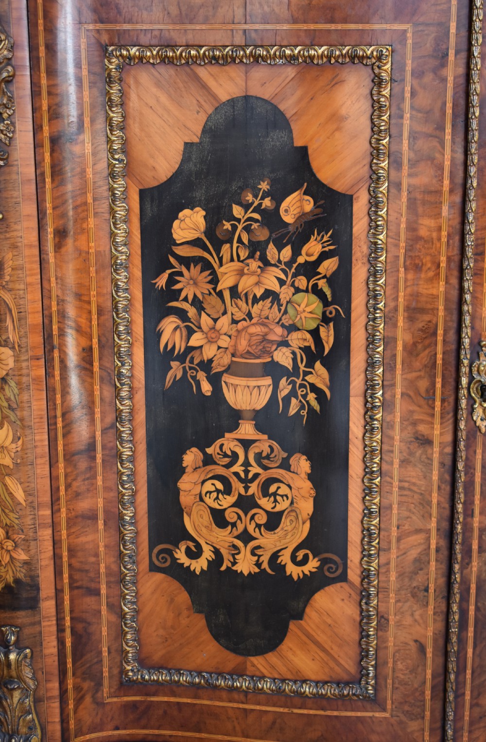 19th Century Victorian Burr Walnut and Marquetry Serpentine Credenza View IV