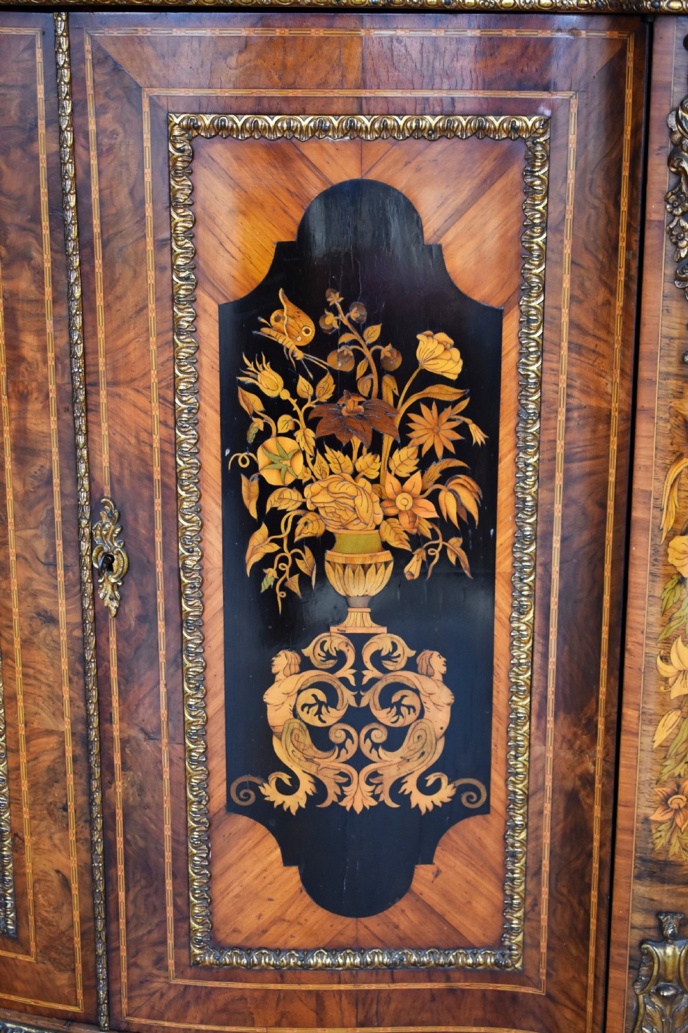 19th Century Victorian Burr Walnut and Marquetry Serpentine Credenza View V