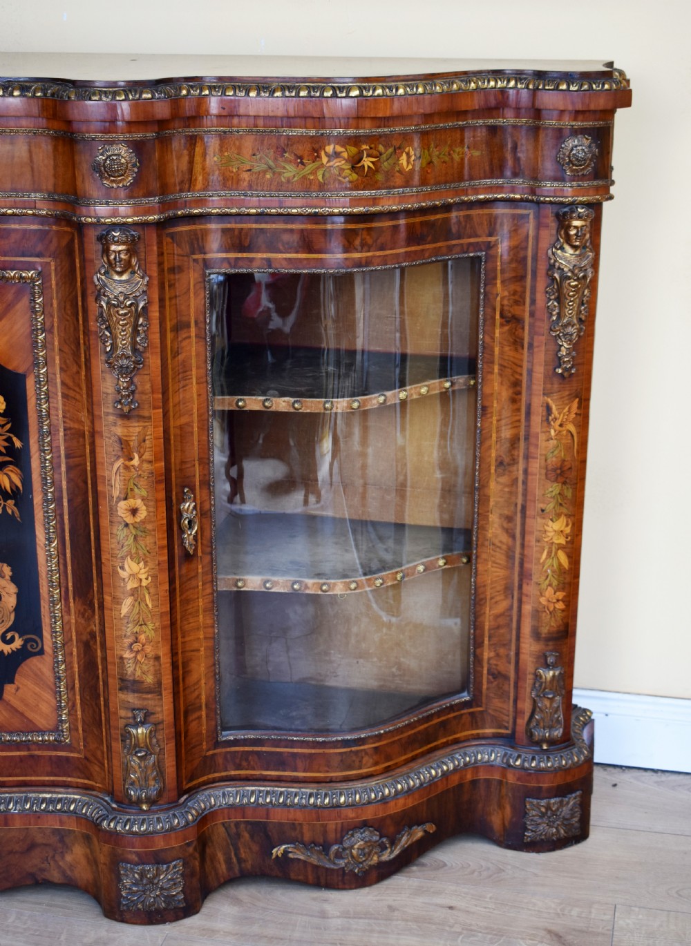 19th Century Victorian Burr Walnut and Marquetry Serpentine Credenza View VI