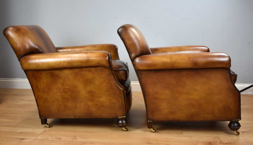 Pair of 1920's Hand Dyed Biscuit Brown Leather Club Chairs View II